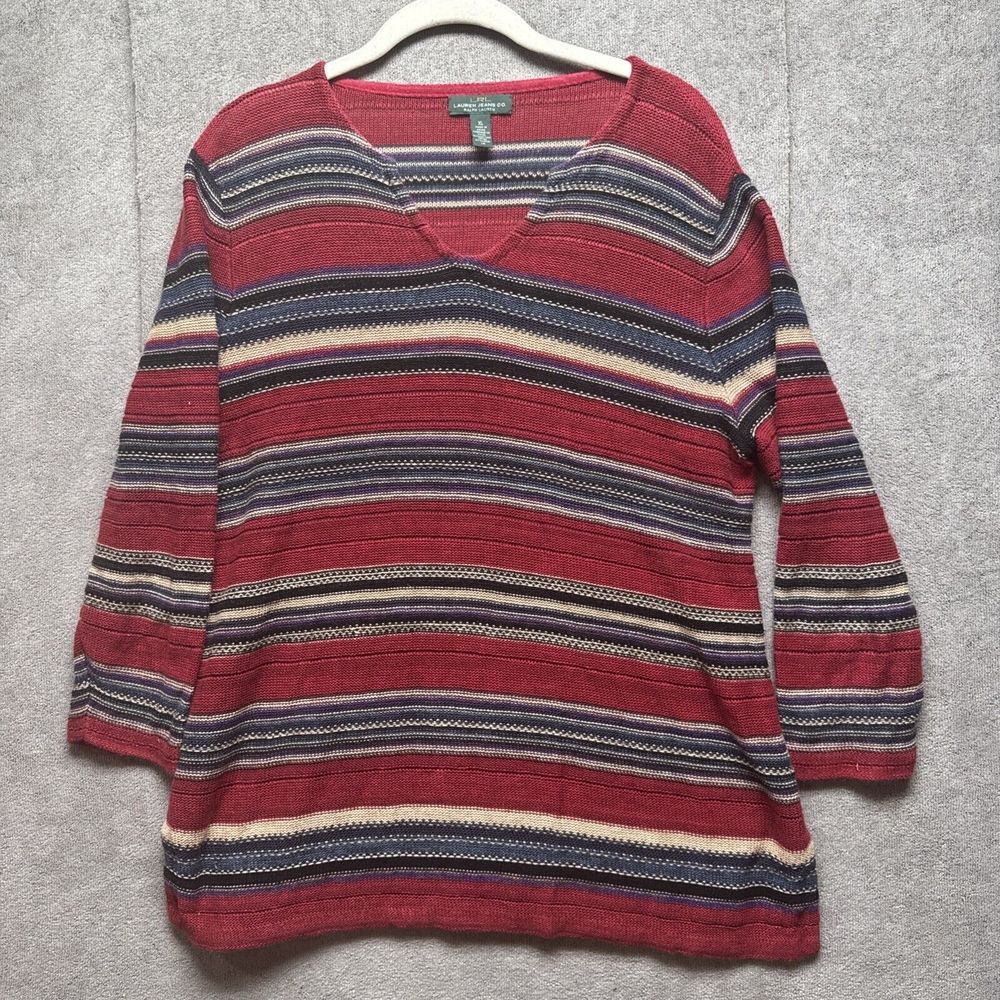 Ralph Lauren LRL Jeans Co Sweater Womens XL Red Linen Blend V Neck Boho Country